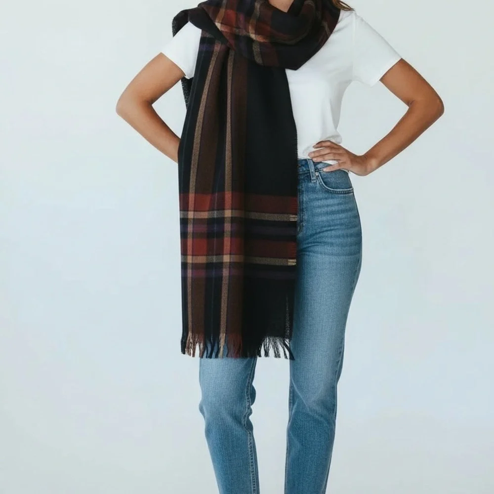 JOHN HANLY & Co Ireland Pure New Wool Shawl Scarf Plaid Purple Red Grey 54 x 54